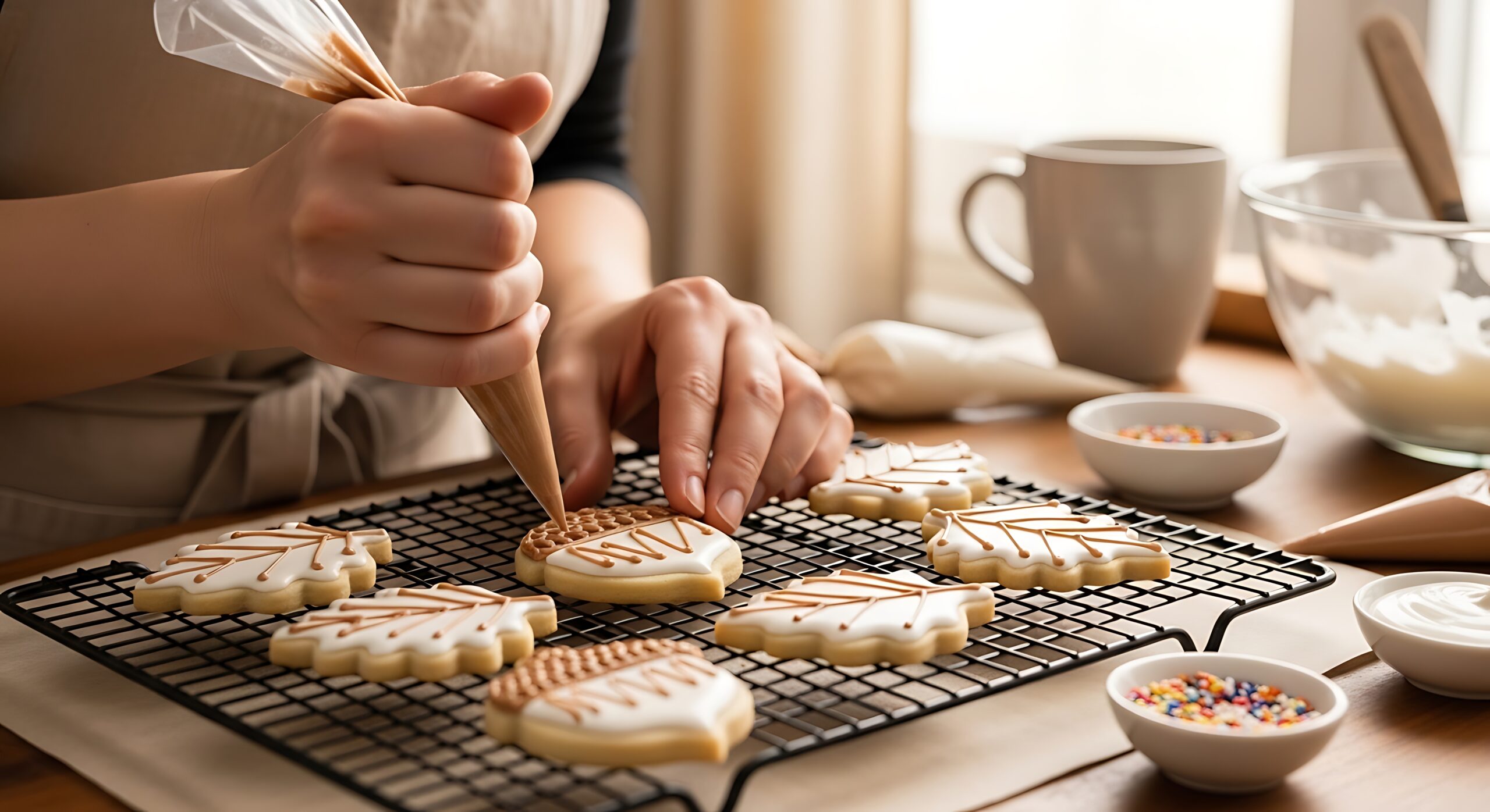 Baker decorating leaf shaped sugar cookies with white icing on a wire cooling rack in a cozy kitchen setting